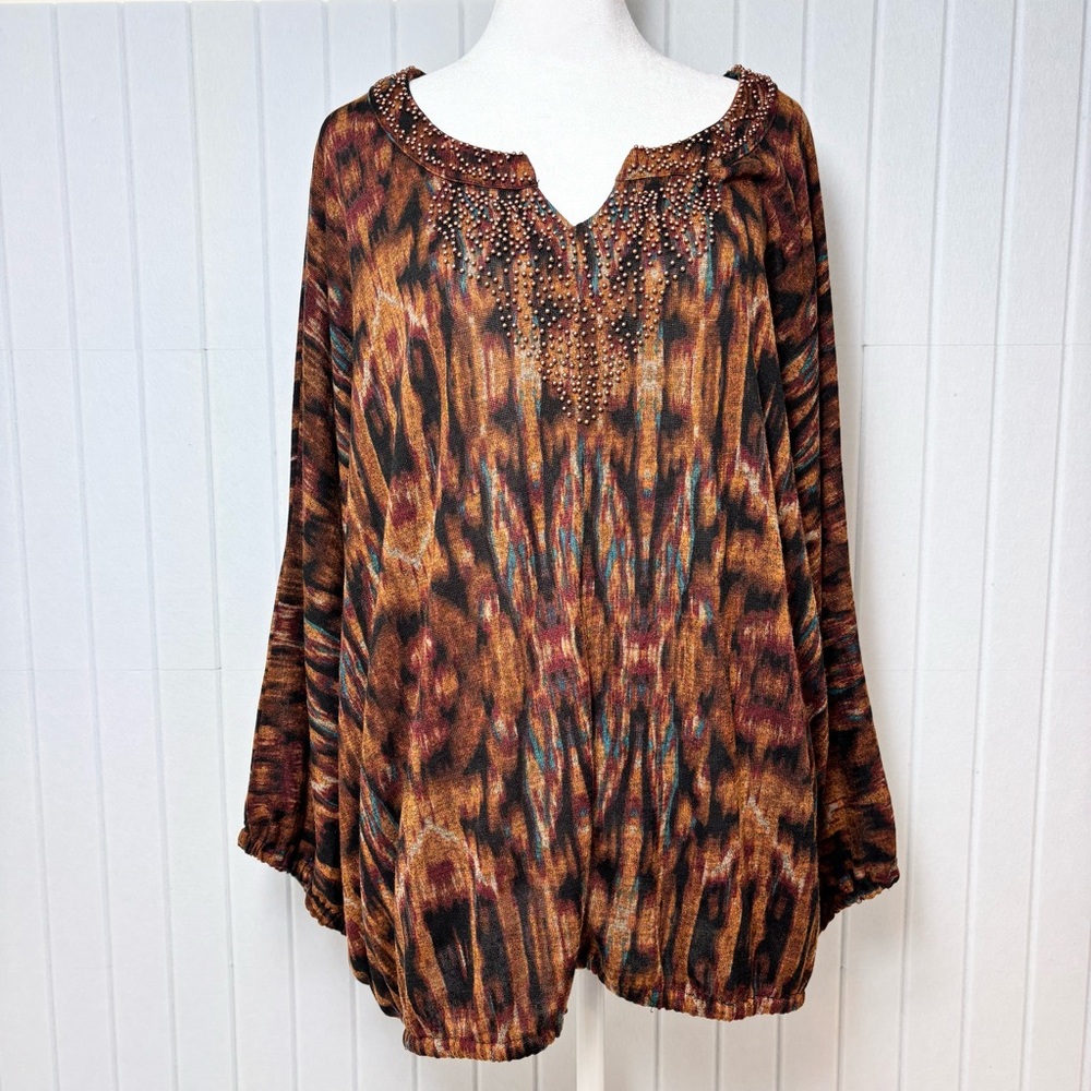 Rafaella Studio Women Top Tunic Dolman Sleeve Watercolor Beaded Knit Size XL‎